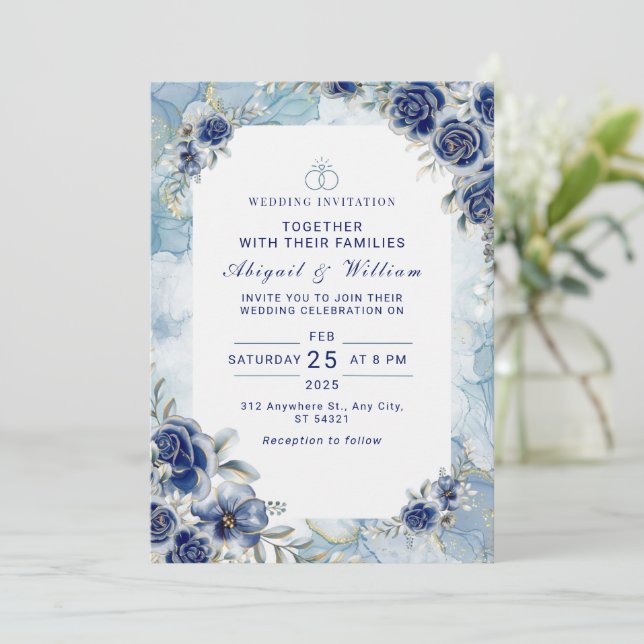 Convite de Casamento Floral Azul Romântico (Em pé/Frente)