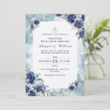 Convite de Casamento Floral Azul Romântico