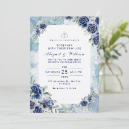 Convite de Casamento Floral Azul Romântico