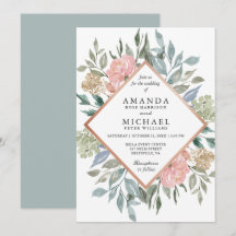 Convite de Casamento Floral Azul Rosa Empoeirado