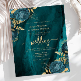 Convite de Casamento Floral Azul Teal Dourado Orça