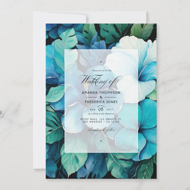 Convite de Casamento Floral Azul Tropical (Frente)