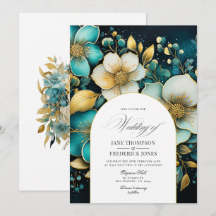 Convite de Casamento Floral Azul Turquesa e Dourad