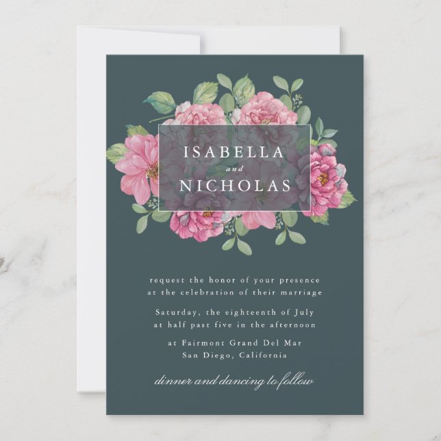 Convite de Casamento Floral Azul Turquesa Intenso (Frente)