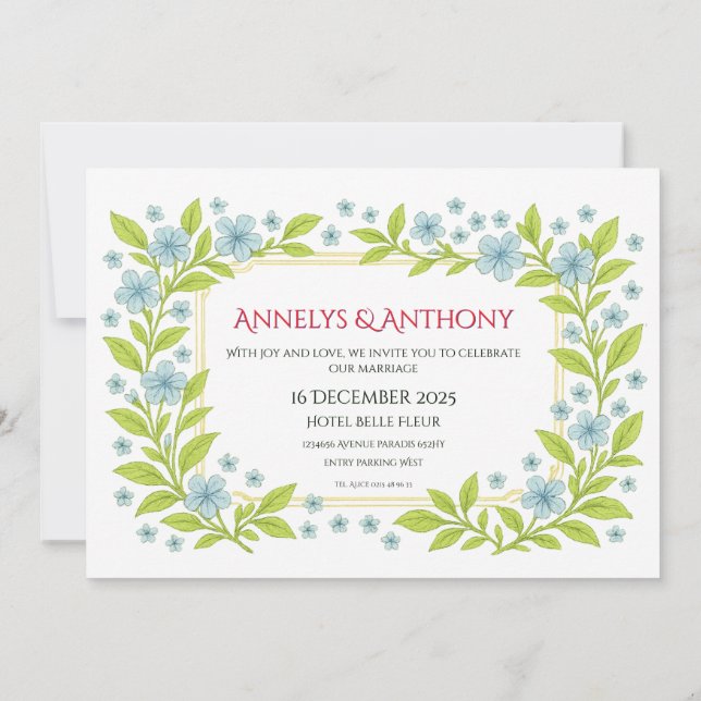 Convite de casamento floral azul verde lindo (Verso)