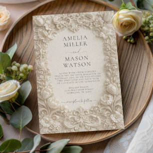 Convite de Casamento Floral Barroco Creme Ornate