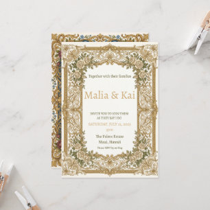 Convite de Casamento Floral Barroco em Ouro Marfim