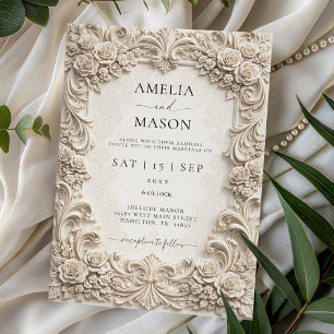 Convite de Casamento Floral Barroco Marfim Ornamen