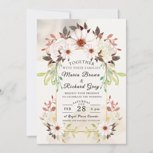 Convite de Casamento Floral Bege (Frente)