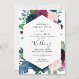 Convite de Casamento Floral Bege Azul Marinho