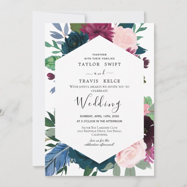 Convite de Casamento Floral Bege Azul Marinho (Frente)
