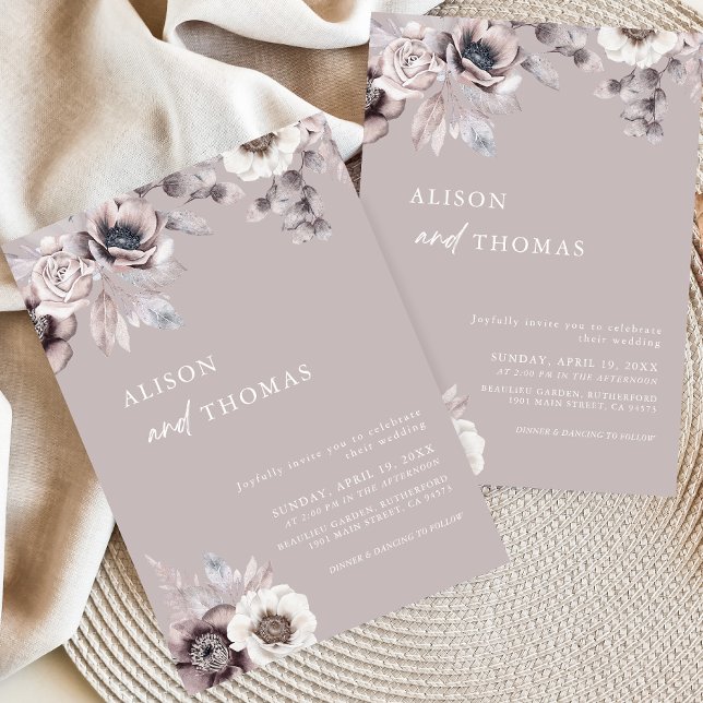 Convite de Casamento Floral Bege Boho e Mauve Empo (Criador carregado)