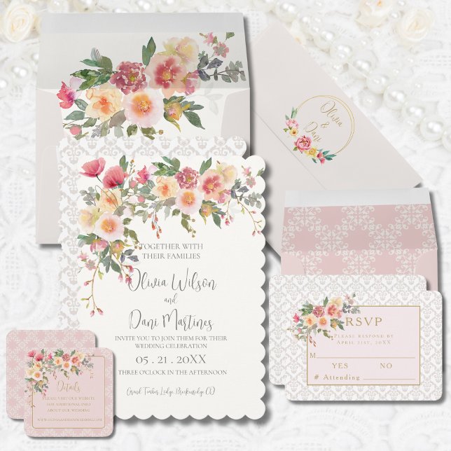 Convite de Casamento Floral Bege de Champanhe de P (Criador carregado)