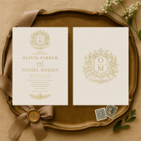 Convite de Casamento Floral Bege Dourado Francês V