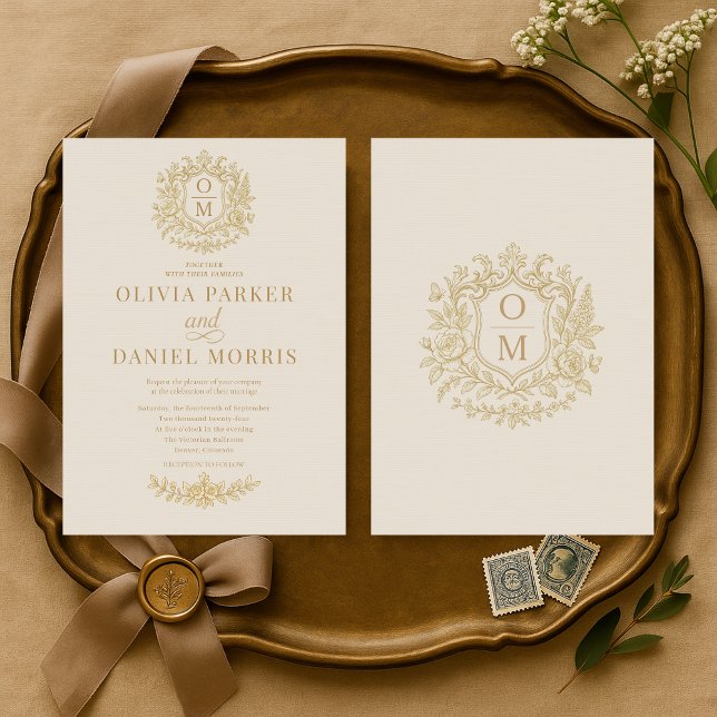 Convite de Casamento Floral Bege Dourado Francês V (Criador carregado)