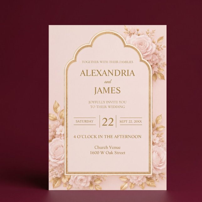 Convite de Casamento Floral Bege e Dourado (Criador carregado)