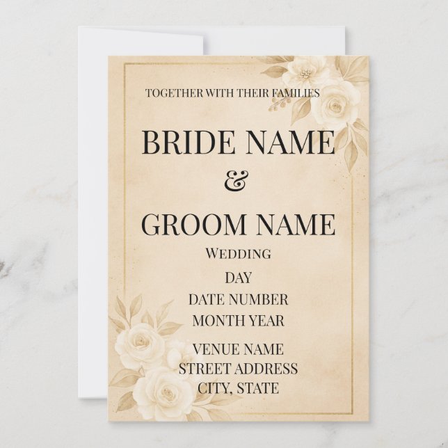 Convite de Casamento Floral Bege e Dourado Minimal (Frente)