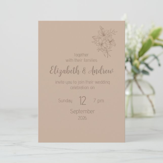 Convite de Casamento Floral Bege Elegante (estilo  (Em pé/Frente)