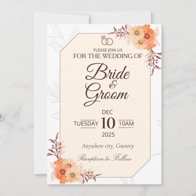 Convite de Casamento Floral Bege Elegante | Neutro (Frente)