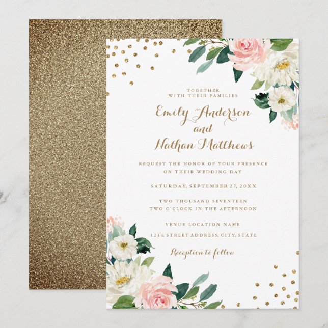 Convite de Casamento Floral Beijo de Confete Doura (Frente/Verso)