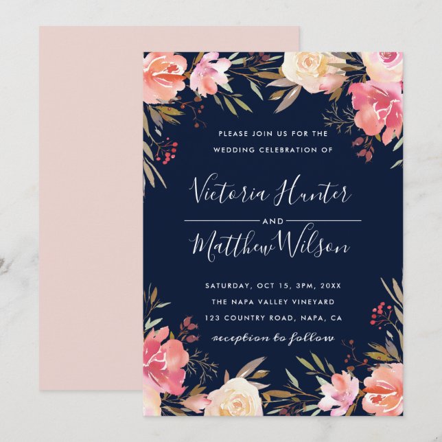 Convite De Casamento Floral Blush Bloom | Azul Mar (Frente/Verso)