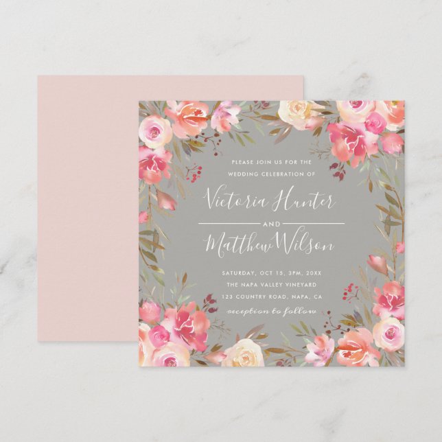 Convite De Casamento Floral Blush Bloom | Cinza (Frente/Verso)