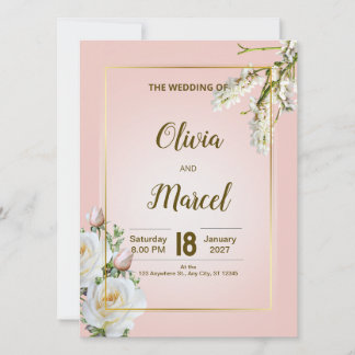 Convite de Casamento Floral Blush com Moldura Dour