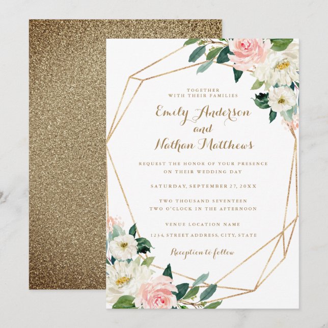 Convite de Casamento Floral Blush Geométrico Doura (Frente/Verso)