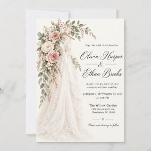 Convite de Casamento Floral Blush Vestido de Noiva
