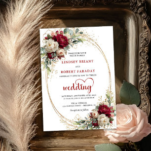 Convite de Casamento Floral Boêmio Borgonha Luxuos