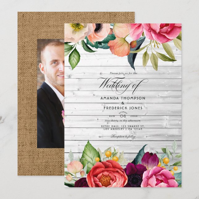 Convite de Casamento Floral Boêmio Rústico (Frente/Verso)