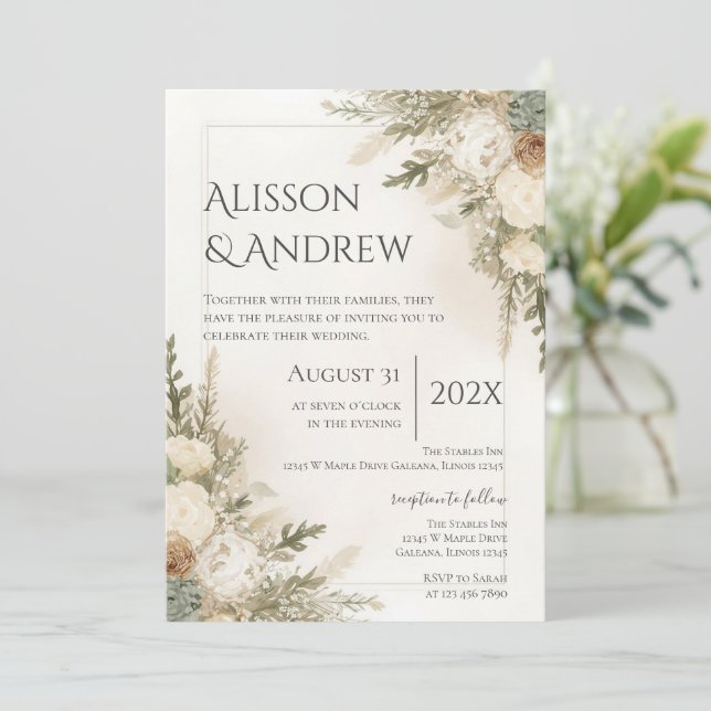 Convite de Casamento Floral Boho (Em pé/Frente)