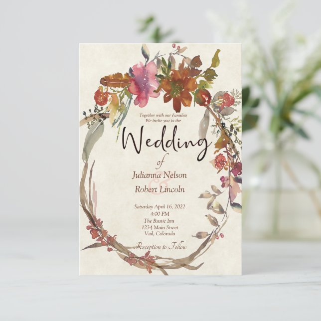 Convite de casamento floral Boho aquarela (Em pé/Frente)