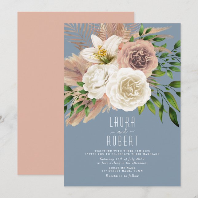 Convite de Casamento Floral Boho Azul Empoeirado (Frente/Verso)