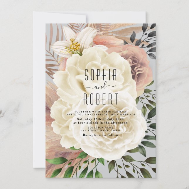 Convite de Casamento Floral Boho Azul Empoeirado (Frente)