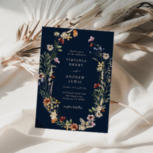 Convite de Casamento Floral Boho Azul Marinho