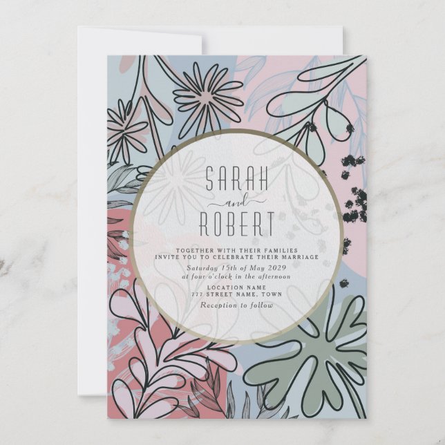 Convite de Casamento Floral Boho Azul Poeira Rosa (Frente)