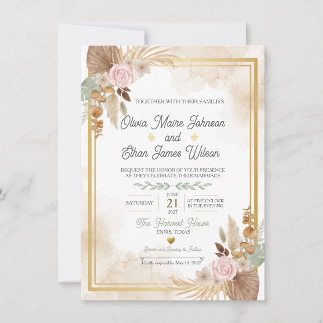 Convite de Casamento Floral Boho Blush (Frente)