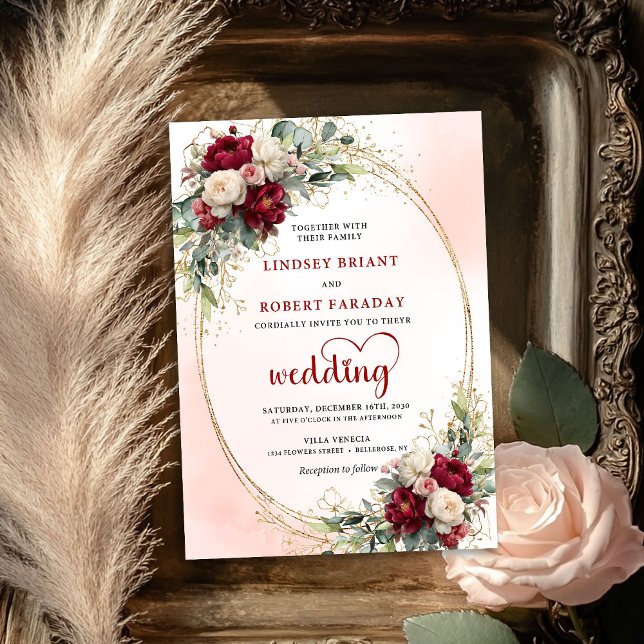 Convite de Casamento Floral Boho Bordeaux Sofistic (Sophisticated Burgundy Boho Floral Wedding Invite)