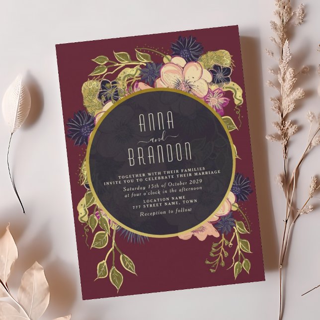 Convite de Casamento Floral Boho Borgonha Azul-Mar (Criador carregado)