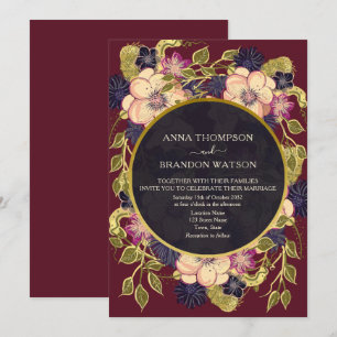 Convite de Casamento Floral Boho Borgonha Azul Nav