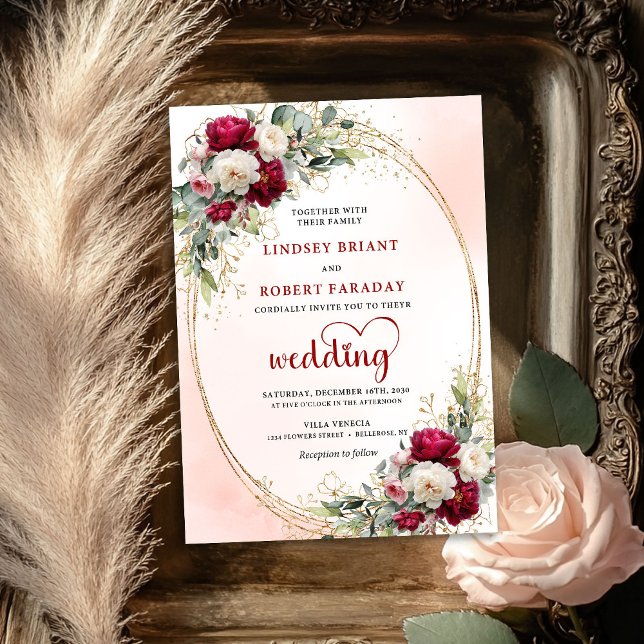 Convite de Casamento Floral Boho Borgonha com Mold (Burgundy Boho Floral Wedding Invitation Gold Frame)