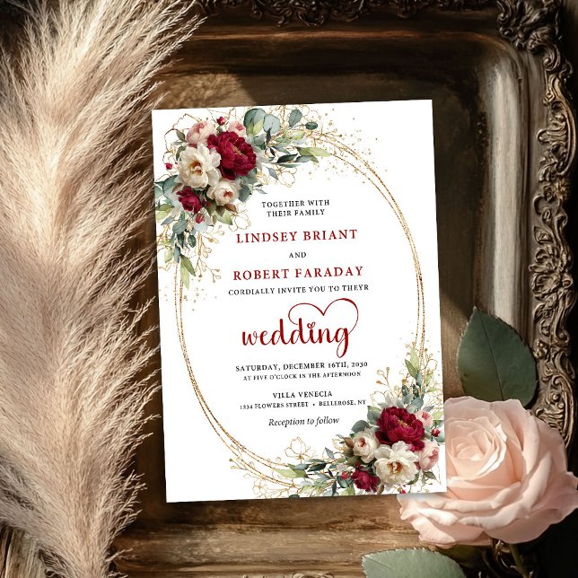 Convite de Casamento Floral Boho Burgundy Elegante (Elegant Burgundy Boho Floral Wedding Invitation)