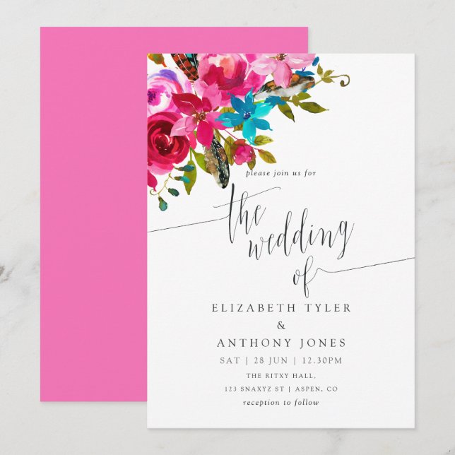 Convite de Casamento Floral Boho Chic Aquarela Ros (Frente/Verso)