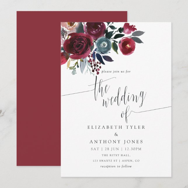 Convite de casamento floral Boho Chic Burgundy e N (Frente/Verso)