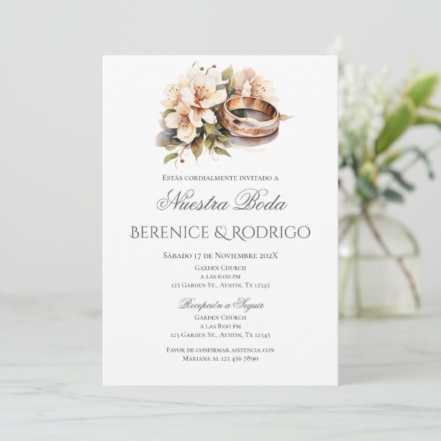 Convite de Casamento Floral Boho em Espanhol (Em pé/Frente)