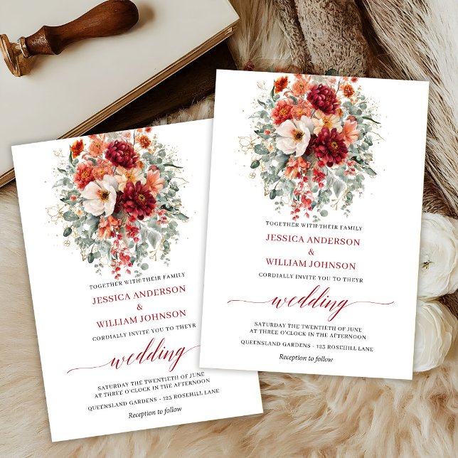 Convite de Casamento Floral Boho Eucalipto Outono  (Burgundy Fall Floral Boho Eucalyptus Wedding Invite

)
