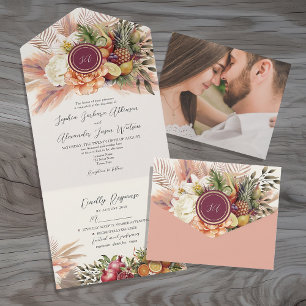 Convite de Casamento Floral Boho Frutas Tudo Em Um