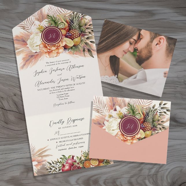Convite de Casamento Floral Boho Frutas Tudo Em Um (Criador carregado)