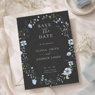 Convite de Casamento Floral Boho Preto | Azul Somb